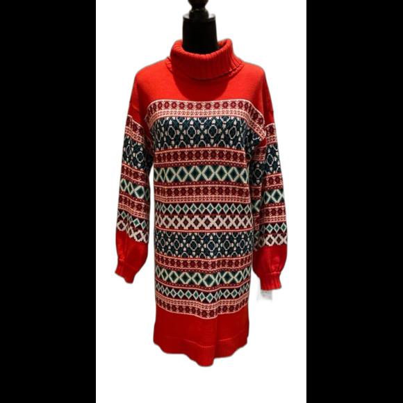 Crown & Ivy Sweater Dress Size Large Red Green Navy Fair Isle Look 60 % Cotton - Picture 1 of 12